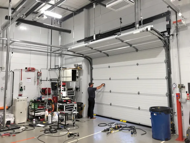 Branford Garage Door Repair certified technician performing commercial door repair at a Branford business facility