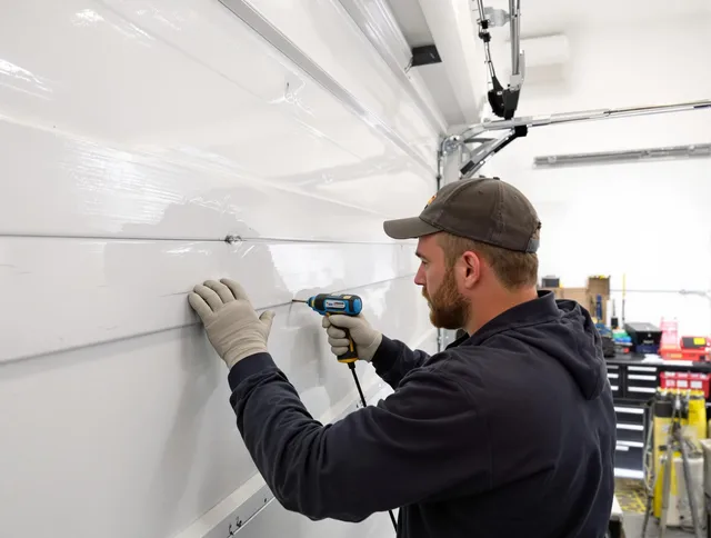 Branford Garage Door Repair technician demonstrating precision dent removal techniques on a Branford garage door