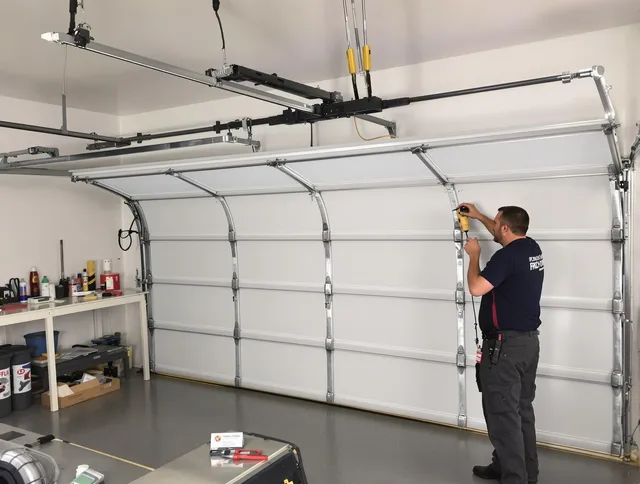 Branford Garage Door Repair certified technician performing overhead door system repair in Branford