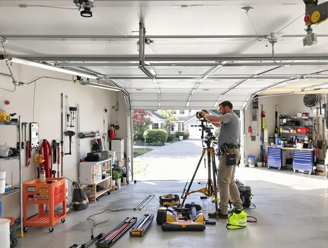 Branford Garage Door Repair specialist performing laser-guided track alignment in Branford